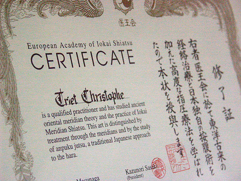 Certificat praticien Iokaï Shiatsu Certificat praticien de Shiatsu à Paris